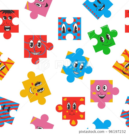 Puzzle characters pattern. Seamless print of funny abstract comic faces jigsaw pieces cartoon style, repeating background textile fabric design. Vector texture Puzzle characters pattern. Seamless print of funny abstract comic faces jigsaw pieces cartoon style, repeating background textile fabric design. Vector texture 96197232