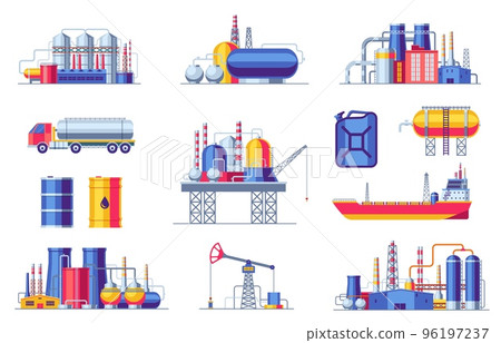 Oil extraction and production icons. Fuel gas industry constructions, petroleum barrel pipeline coal transportation symbols cartoon style. Vector isolated set 96197237