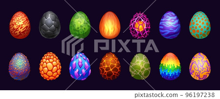 Dragon eggs. Cartoon magic fantasy elements glossy shell for game user interface design, dinosaur eggshell power energy lightning. Vector set Dragon eggs. Cartoon magic fantasy elements glossy shell for game user interface design, dinosaur eggshell power energy lightning. Vector set 96197238
