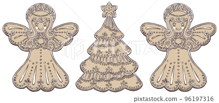 Czech traditional Christmas confectionery Perník angel and Christmas tree brush-painted, two-color 96197316