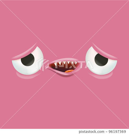 Vector funny pink monster face with open mouth with fangs and eyes isolated on pink background. Halloween cute and funky monster design template for poster, banner and tee print Vector funny pink monster face with open mouth with fangs and eyes isolated on pink background. Halloween cute and funky monster design template for poster, banner and tee print 96197369