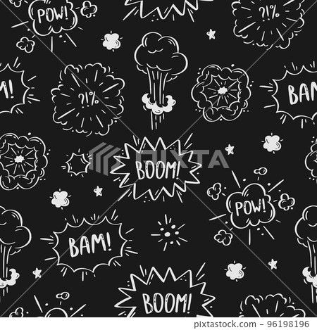 Pattern cosmic explosion and bombs. Speech bubbles with the words boom, boom, bang. Vector illustration of doodles Pattern cosmic explosion and bombs. Speech bubbles with the words boom, boom, bang. Vector illustration of doodles 96198196