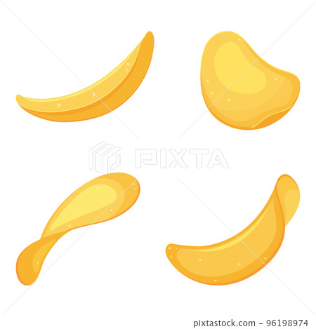 Set of chips in cartoon style isolated on white background. Potato beer snack. Set of chips in cartoon style isolated on white background. Potato beer snack. 96198974