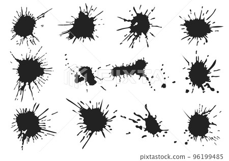 Ink stains set in cartoon design. Bundle of different shapes of grunge texture decorative shapes of paint, liquids splashes with splatters and drips effect isolated flat elements. Vector illustration Ink stains set in cartoon design. Bundle of different shapes of grunge texture decorative shapes of paint, liquids splashes with splatters and drips effect isolated flat elements. Vector illustration 96199485
