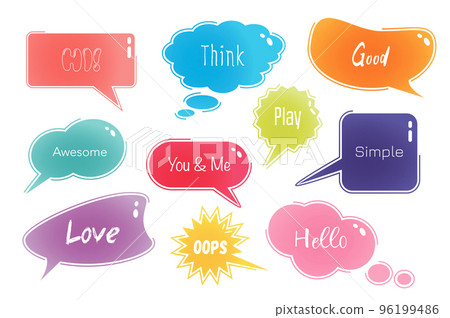 Speech bubbles set in cartoon design. Bundle of different shapes of dialog windows with inscriptions like Hi, Think, Good, Awesome, Hello, Play and other isolated flat elements. Vector illustration Speech bubbles set in cartoon design. Bundle of different shapes of dialog windows with inscriptions like Hi, Think, Good, Awesome, Hello, Play and other isolated flat elements. Vector illustration 96199486