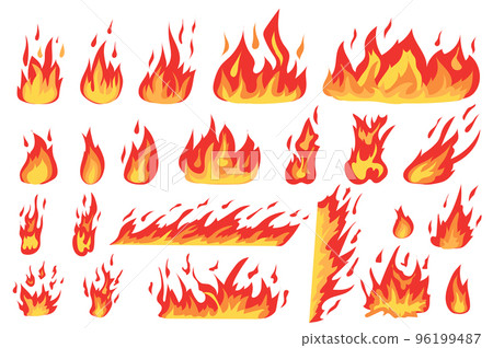 Burning fires set in cartoon design. Bundle of different types of flame effects in red and orange colors, flaming fireballs, wildfire border, bonfire other isolated flat elements. Vector illustration Burning fires set in cartoon design. Bundle of different types of flame effects in red and orange colors, flaming fireballs, wildfire border, bonfire other isolated flat elements. Vector illustration 96199487