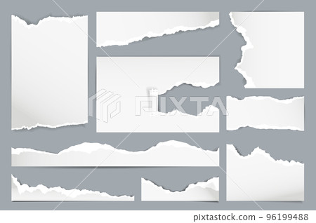 Ripped papers 3d set in realism design. Bundle of torn pages texture, ragged borders, pages with holes with rolled edges, damaged blank papers pieces isolated realistic elements. Vector illustration 96199488