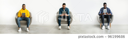 Collage With Three Happy Young Men Relaxing In Chairs With Digital Tablet 96199686