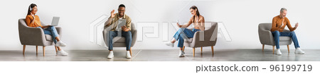 Online Communication. Happy People Sitting In Chairs, Making Video Call With Gadgets 96199719