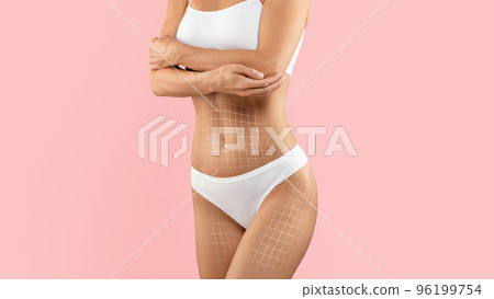 Cropped Shot Of Slim Female In Underwear With Drawn Mesh On Body Cropped Shot Of Slim Female In Underwear With Drawn Mesh On Body 96199754