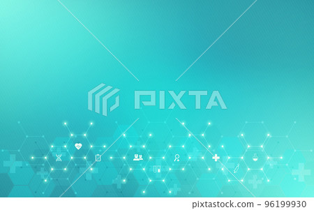 Illustration of a medical background with flat icons and symbols. Template design with concept and idea for the healthcare technology, innovation medicine, health, science and research 96199930