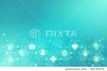 Illustration of a medical background with flat icons and symbols. Template design with concept and idea for the healthcare technology, innovation medicine, health, science and research 96199938