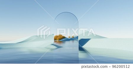 Surreal Beautiful Dream land background. Abstract Dune in winter season landscape with geometric arch. Fantasy island scenery with water and natural cloudy sky. Metallic mirror arch. 3d render. Surreal Beautiful Dream land background. Abstract Dune in winter season landscape with geometric arch. Fantasy island scenery with water and natural cloudy sky. Metallic mirror arch. 3d render. 96200512