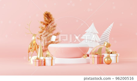 Christmas backgrounds with podium stage platform in minimal New year event theme. Merry Christmas scene for product display mock up banner. Empty stand pedestal decor in Xmas winter scene. 3D render. 96200516