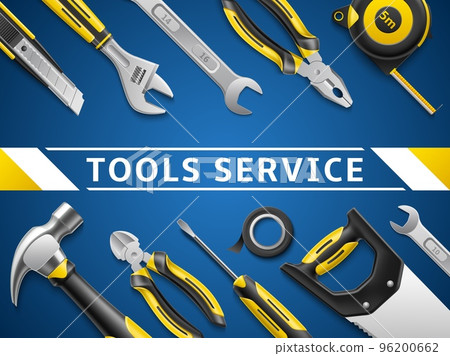 Hand tools frame poster. Realistic worker instruments, 3d isolated repair accessories, hammer, wrench and pliers, screwdriver and tape measure, web banner template, utter vector concept 96200662