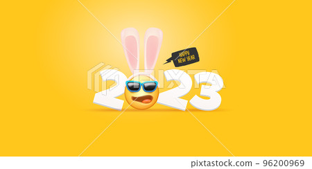 2023 Happy new year horizontal banner with funny smile face with rabbit ears and sunglasses isolated on orange background. 2023 new year banner, poster, flyer, cover with funny cute rabbit 2023 Happy new year horizontal banner with funny smile face with rabbit ears and sunglasses isolated on orange background. 2023 new year banner, poster, flyer, cover with funny cute rabbit 96200969