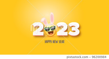 2023 Happy new year horizontal banner with funny smile face with rabbit ears and sunglasses isolated on orange background. 2023 new year banner, poster, flyer, cover with funny cute rabbit 96200984