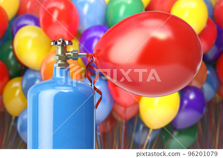 Helium tank  with compressed  helium inflating colored balloons for celebration or party. 96201079