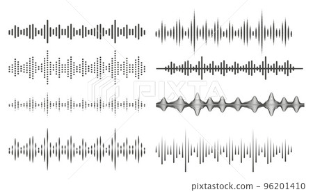 Audio waves in abstract style. Audio and voice frequency lines. Volume equalizer symbols. Vector set on white background. Audio waves in abstract style. Audio and voice frequency lines. Volume equalizer symbols. Vector set on white background. 96201410