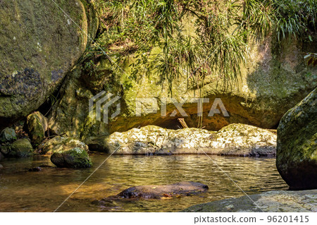 River running through the rocks and rainforest on Ilhabela island 96201415