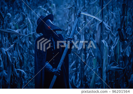 Plague doctor gothic woman with sharp scythe at night in thickets of corn field. Creepy raven mask Plague doctor gothic woman with sharp scythe at night in thickets of corn field. Creepy raven mask 96201564
