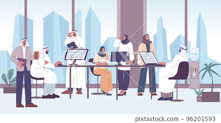 Arabic muslim teamwork business office. Saudi career, coworking or work meeting. Arabian woman and man working, kicky arab vector characters 96201593