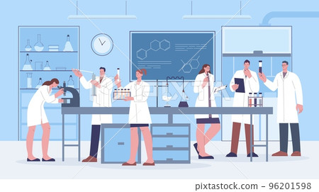 Scientists science research laboratory. Biology genetic medicine professional workers. Clinic and pharma research. Kicky chemistry vector characters 96201598