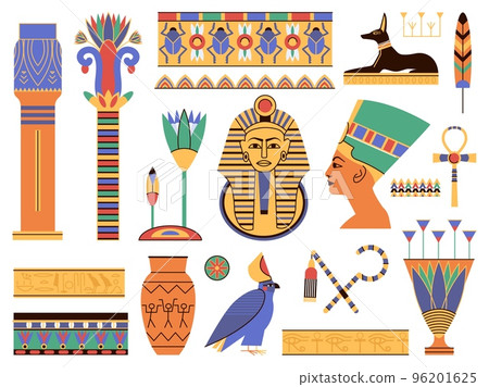 Ancient egypt elements. Egyptian landmark, monument ruins and sculpture. Ornamental decorative symbols, column and gold pharaon decent vector kit 96201625