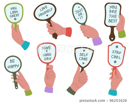 Support mirror in people hands. Person looking in mirrors with inspiration phrases. Love yourself, support and romantic decent vector elements Support mirror in people hands. Person looking in mirrors with inspiration phrases. Love yourself, support and romantic decent vector elements 96201626