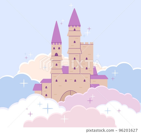 Castle medieval background. Fairytale pink fort in cartoon clouds. Princess fantasy building, tale magic palace. Baby fortress decent vector design Castle medieval background. Fairytale pink fort in cartoon clouds. Princess fantasy building, tale magic palace. Baby fortress decent vector design 96201627