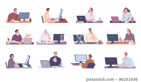 Call center worker characters. People talk, representative man or manager. Support and helping service, helpline for customer. Kicky vector person in headset 96201686