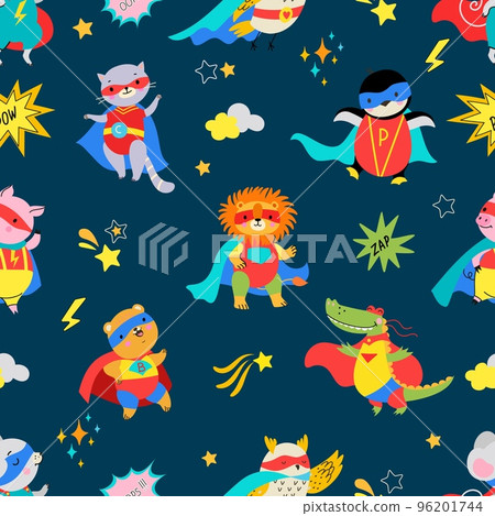 Cartoon cute superhero animals seamless pattern. Animal wear cape, baby textile print design. Trendy graphic, superheroes nowaday nurdery vector background 96201744