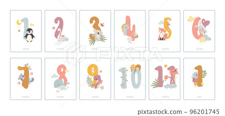 Baby monthly numbers cards. Newborn months postcards, babies milestone decor. Number from 1 to 11 with cute animals, nowaday vector celebration banners 96201745