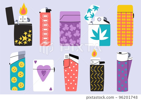 Various decorative lighters. Metallic smoke tools, simple gas plastic lighter. Lighting accessories with flame, cartoon isolated decent vector elements for smokers 96201748