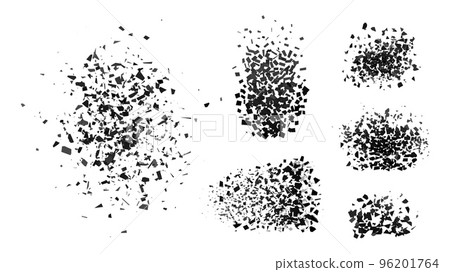 Dark geometric particles burst set. Black grey shatters, flying triangles bursts, broken debris vector collection. Abstract decorative elements 96201764
