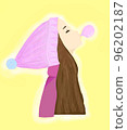 A girl in a pink hat inflates a bubble of chewing gum 96202187