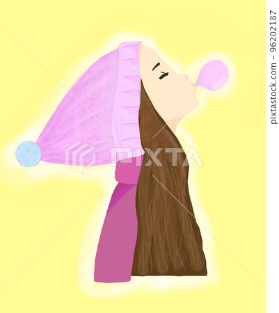 A girl in a pink hat inflates a bubble of chewing gum A girl in a pink hat inflates a bubble of chewing gum 96202187
