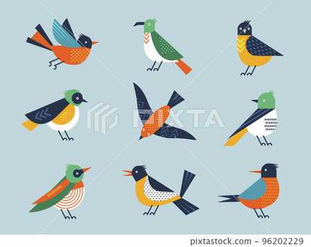 Abstract birds. Flying stylizing geometrical form birds illustrated of freedom symbols recent vector minimalism shapes isolated on white Abstract birds. Flying stylizing geometrical form birds illustrated of freedom symbols recent vector minimalism shapes isolated on white 96202229