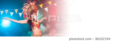 Banner Holidays, party cabaret, dance and nightlife concept - Beautiful woman dressed for carnival night copy space 96202394