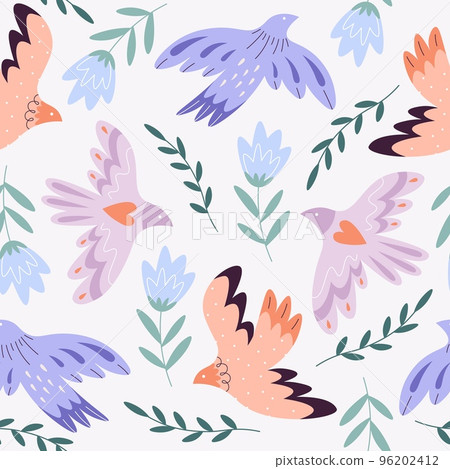 Decorative birds and flowers seamless pattern. Floral bird silhouette, swallow or dove flying decor. Scandinavian contemporary racy vector print design 96202412