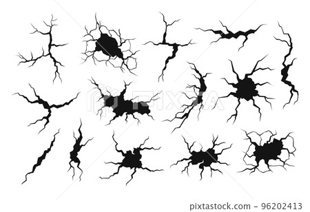 Black dry cracks, split wall or ground. Crash surface, cracked desert landscape elements. Isolated earthquake damage texture, fissure soil racy vector set 96202413