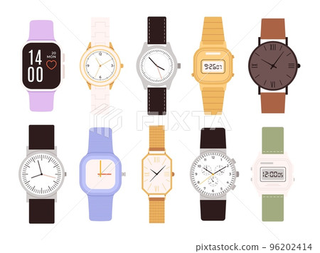 Smartwatch and wristwatch icons. Woman watch, modern and vintage isolated watches and clock. Hand accessories, digital business gadget racy vector set 96202414