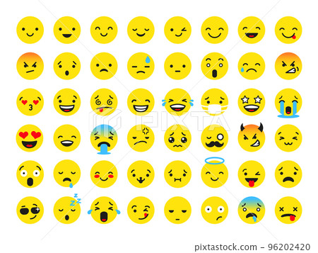 Flat yellow faces various emotional. Smiley face, cute isolated cartoon emoticon. Expression for emotions in social media, messages, conversation, tidy vector characters 96202420