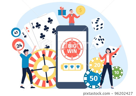 Online gambling concept. Internet casino, roulette or dice, poker and lottery. Happy jackpot winners. People gaming addiction, recent vector easy money business scene 96202427