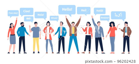 Greeting in native languages. Friendly multilingual people, diverse students communication. Welcome hello from foreigner, multicultural recent vector characters Greeting in native languages. Friendly multilingual people, diverse students communication. Welcome hello from foreigner, multicultural recent vector characters 96202428