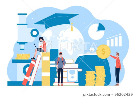 Finance investments in knowledge, learning for money. Leader graduate, people reading books and study online course. Scholarship recent vector scene 96202429