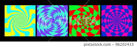 Psychedelic neon spirals, acid colors squares with rounds and liquid forms. Hypnotic optical illusions vector cards Psychedelic neon spirals, acid colors squares with rounds and liquid forms. Hypnotic optical illusions vector cards 96202433