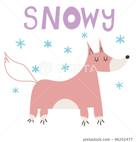 Hand drawn vector illustration of a cute funny fox, with lettering quote Snowy. Isolated objects on white background. Scandinavian style flat design. Concept children print. Woodland animal. EPS 96202477