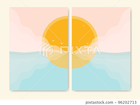 Minimalistic modern ocean side print. Ocean wave and sun 96202713