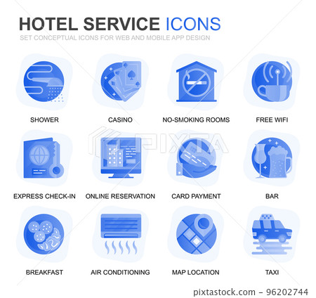 Modern Set Hotel Services Gradient Flat Icons for Website and Mobile Apps. Contains such Icons as Luggage, Reception, Room Services, Fitness Center. Conceptual color flat icon. Vector pictogram pack. 96202744